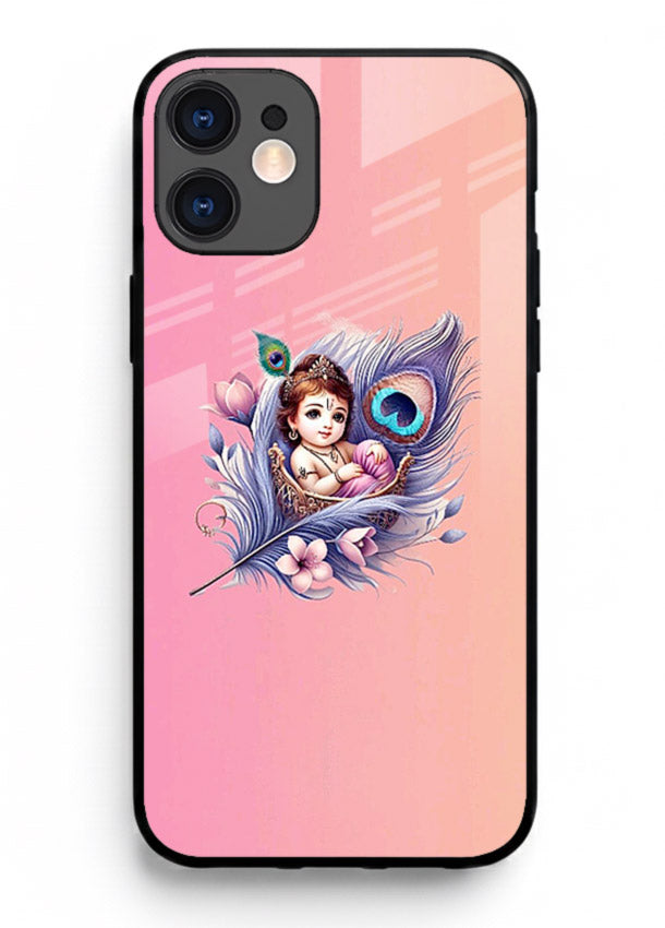 Krishna Radha floral peacock art iphone 12 glass back romantic spiritual case