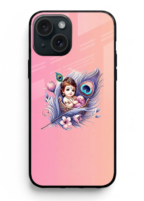 Krishna Radha floral peacock art iphone 15 plus glass back romantic spiritual case