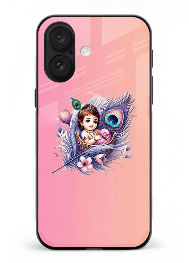 Krishna Radha floral peacock art iphone 16 plus glass back romantic spiritual case