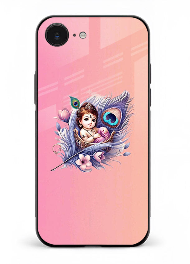 Krishna Radha floral peacock art iphone 16e glass back romantic spiritual case