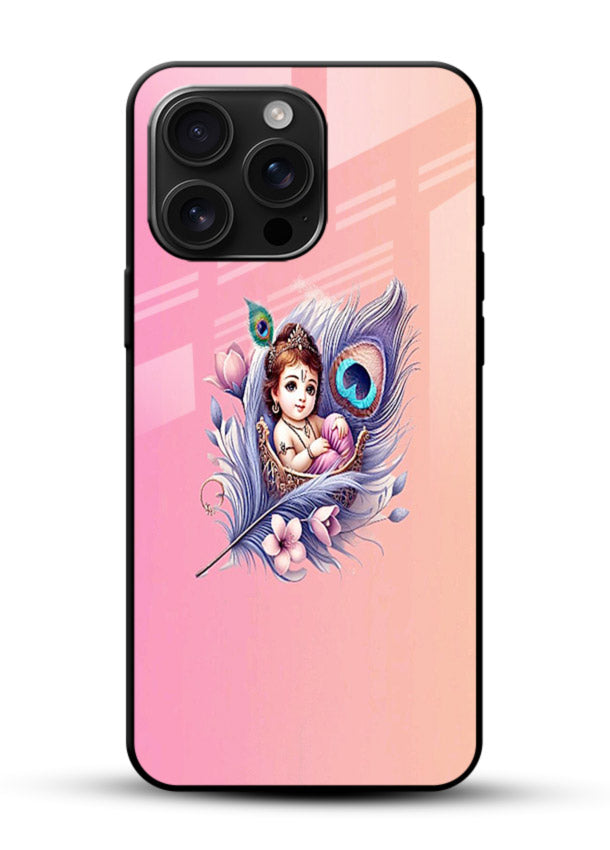 Krishna Radha floral peacock art glossy vibrant premium glass back romantic spiritual case - Angle Front