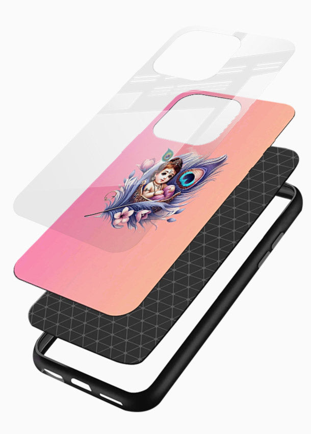 Krishna Radha floral peacock art glossy vibrant premium glass back romantic spiritual case - Angle Layers