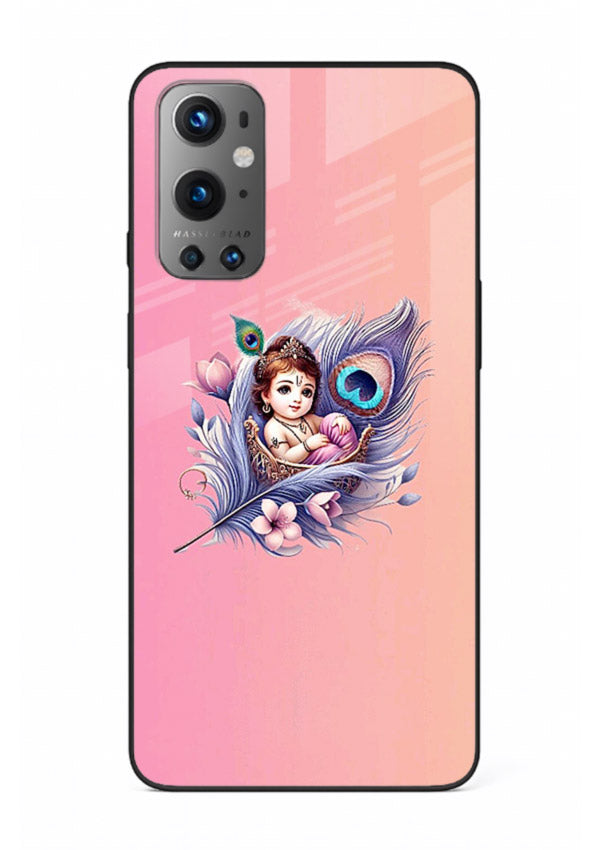 Krishna Radha floral peacock art OnePlus 9 glass back romantic spiritual case