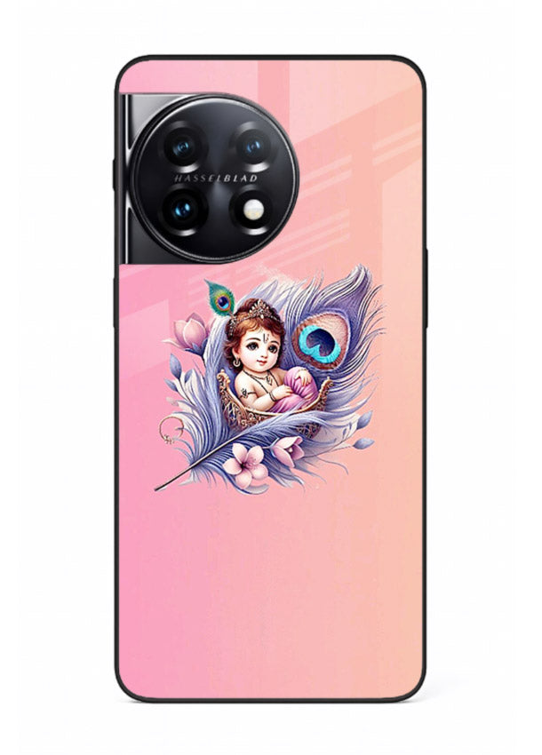 Krishna Radha floral peacock art OnePlus 11R glass back romantic spiritual case