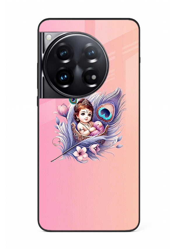 Krishna Radha floral peacock art OnePlus 12 glass back romantic spiritual case