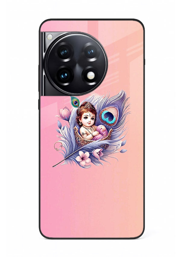 Krishna Radha floral peacock art OnePlus 12R glass back romantic spiritual case