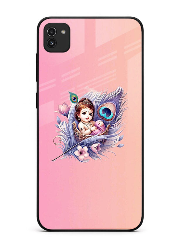 Krishna Radha floral peacock art Samsung A03 glass back romantic spiritual case