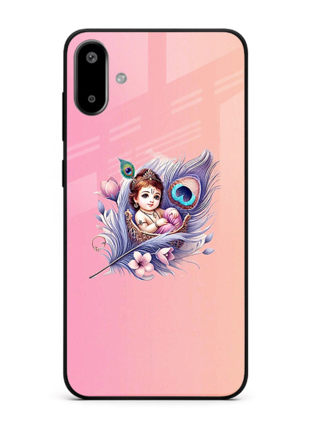 Krishna Radha floral peacock art Samsung F06 5G glass back romantic spiritual case