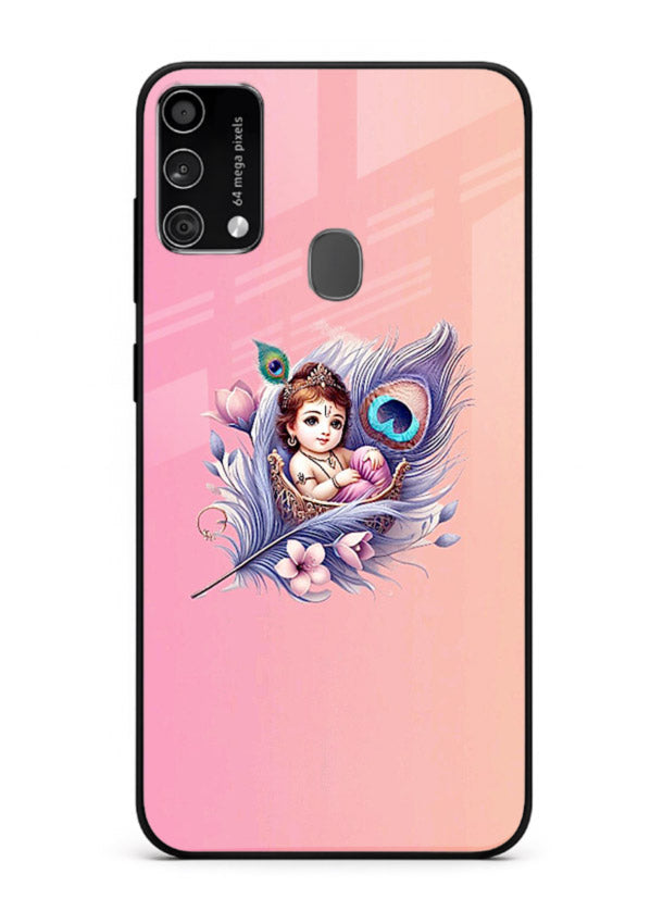Krishna Radha floral peacock art Samsung F41 glass back romantic spiritual case