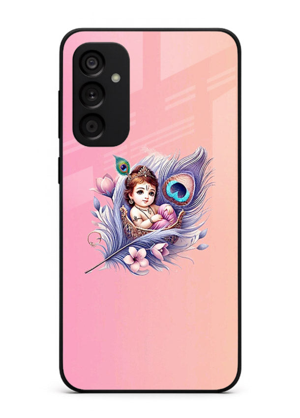 Krishna Radha floral peacock art Samsung A34 5G glass back romantic spiritual case