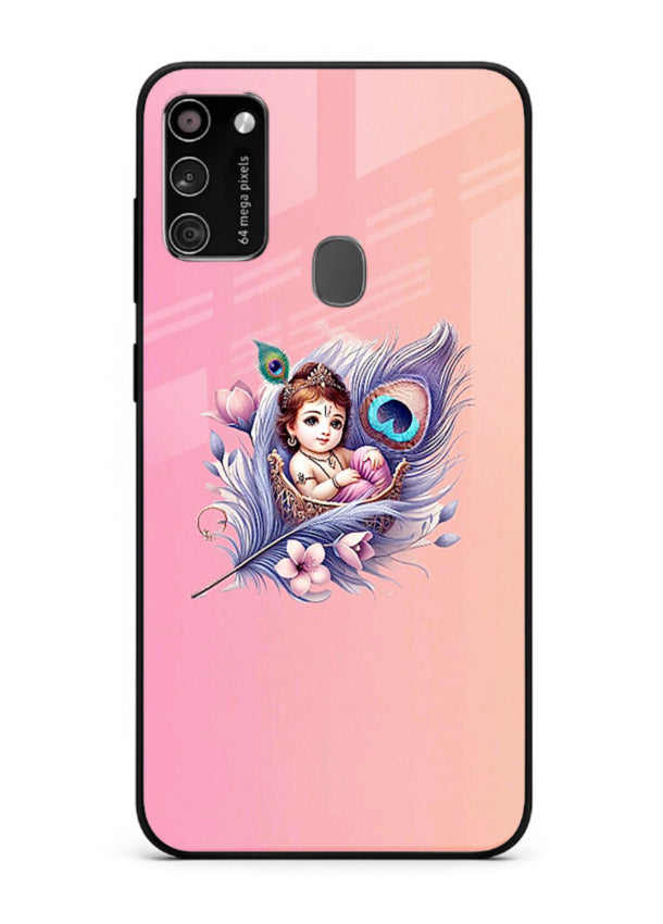 Krishna Radha floral peacock art Samsung M21 glass back romantic spiritual case