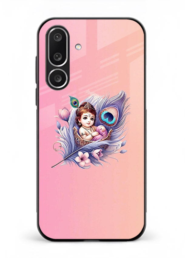 Krishna Radha floral peacock art Samsung M56 5G glass back romantic spiritual case