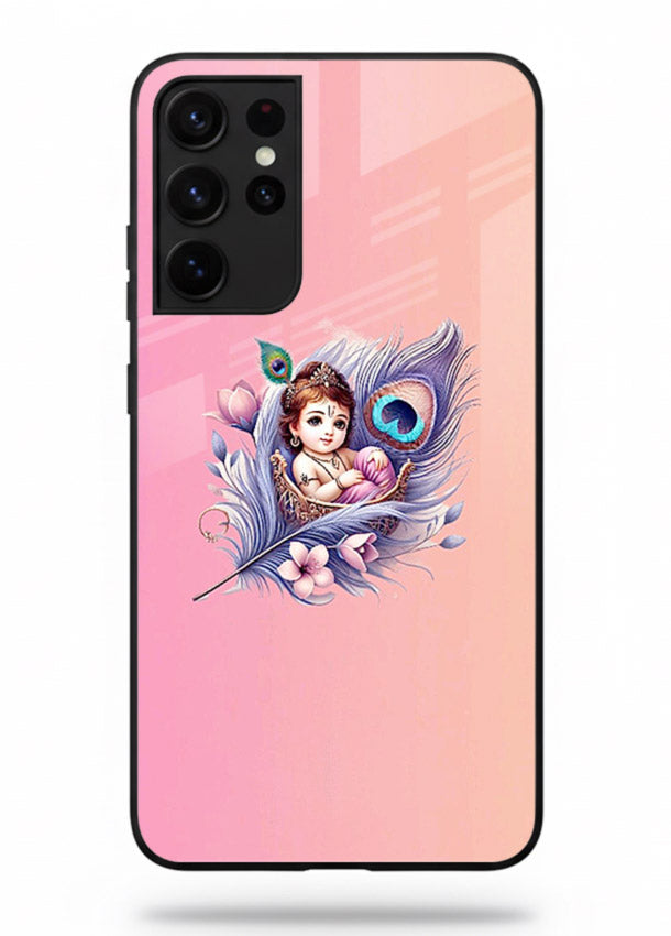 Krishna Radha floral peacock art Samsung S21 Ultra glass back romantic spiritual case