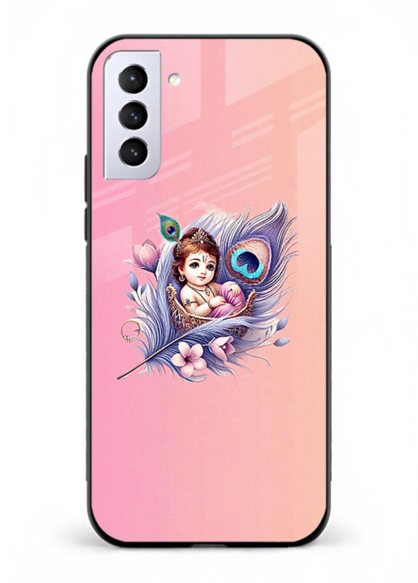 Krishna Radha floral peacock art Samsung S21 Plus glass back romantic spiritual case
