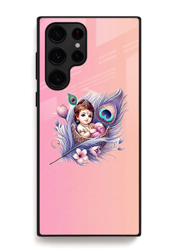 Krishna Radha floral peacock art Samsung S22 Ultra glass back romantic spiritual case