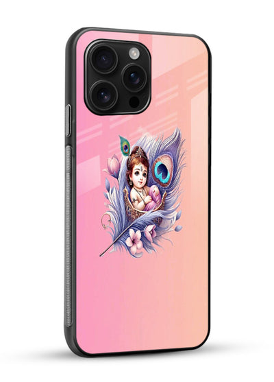 Krishna Radha floral peacock art glossy vibrant premium glass back romantic spiritual case - Angle Side