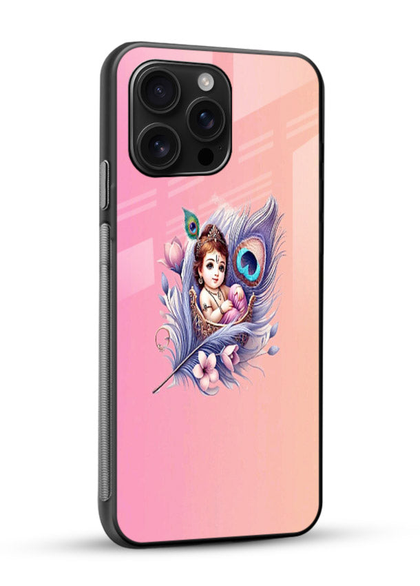 Krishna Radha floral peacock art glossy vibrant premium glass back romantic spiritual case - Angle Side