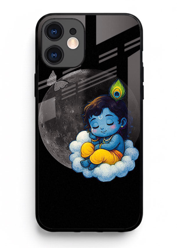 Baby Krishna sleeping on moon art iphone 12 glass dreamy devotional case