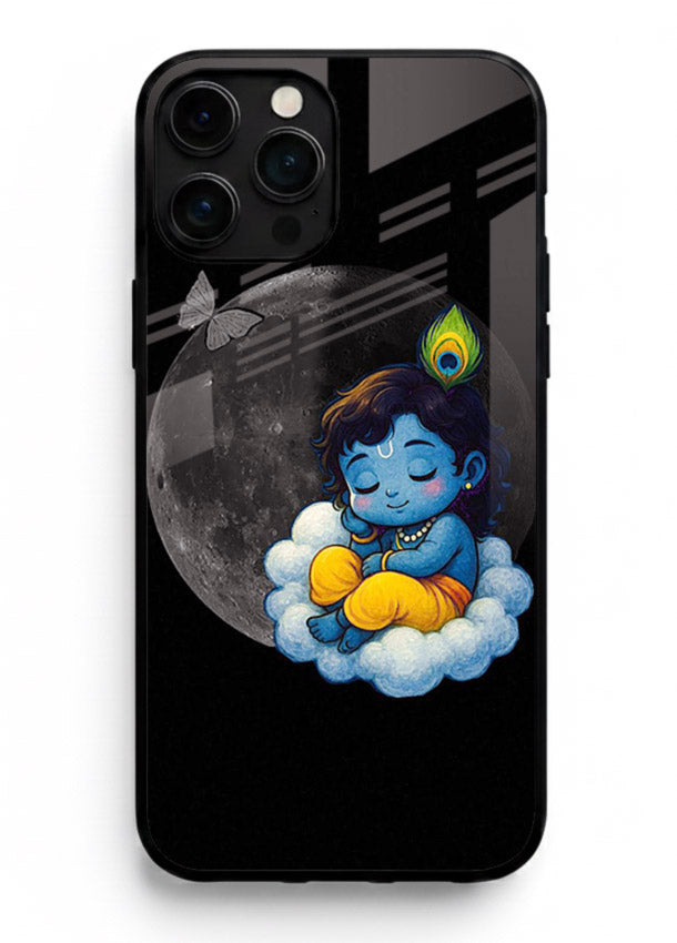 Baby Krishna sleeping on moon art iphone 16 pro max glass dreamy devotional case