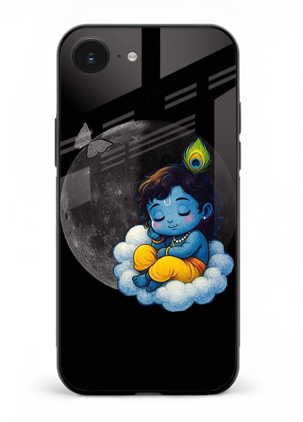 Baby Krishna sleeping on moon art iphone 16e glass dreamy devotional case
