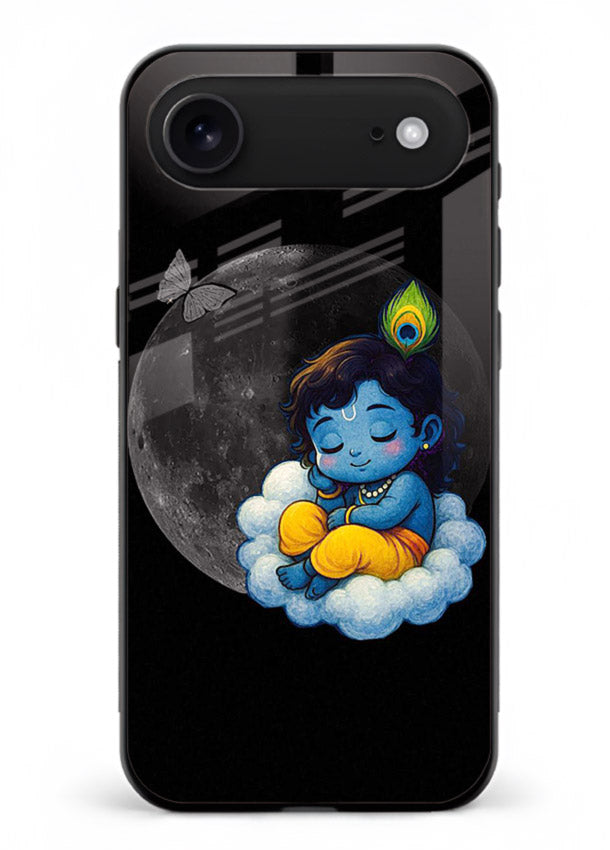 Baby Krishna sleeping on moon art iphone 18 air glass dreamy devotional case