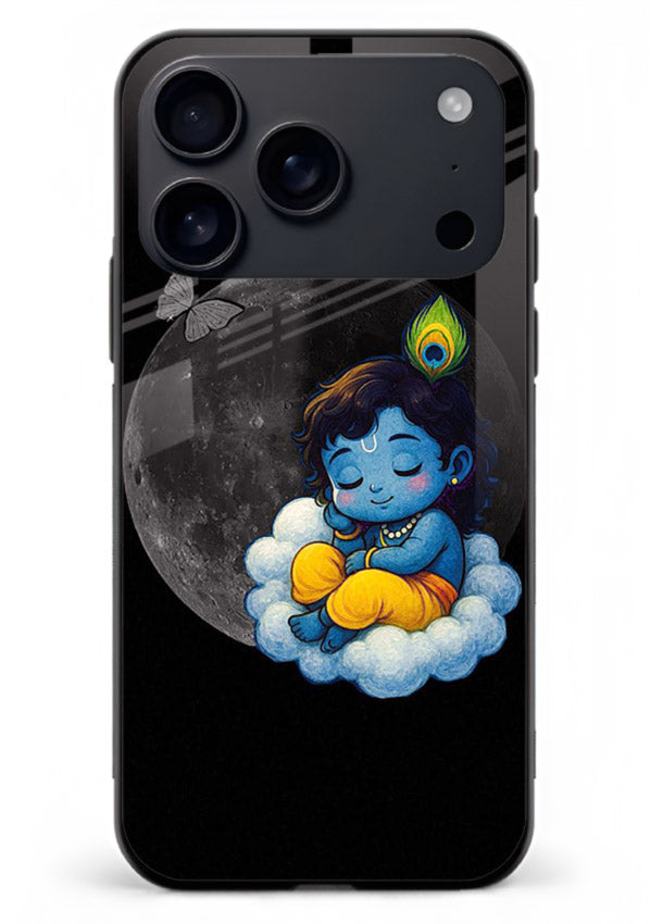 Baby Krishna sleeping on moon art iphone 18 pro max glass dreamy devotional case