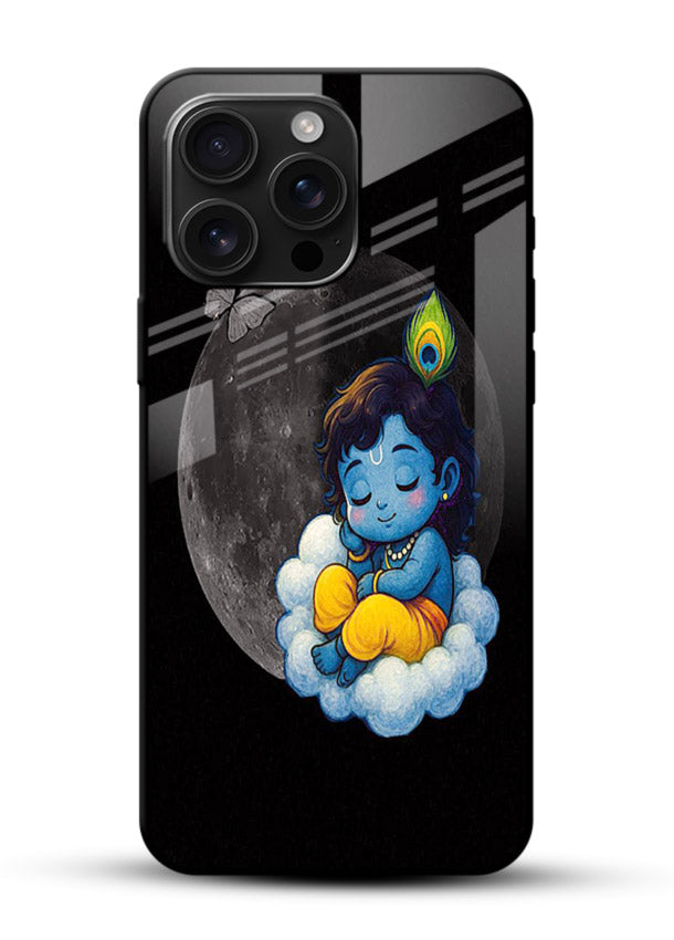 Baby Krishna sleeping on moon art glossy vibrant premium glass dreamy devotional case - Angle Front