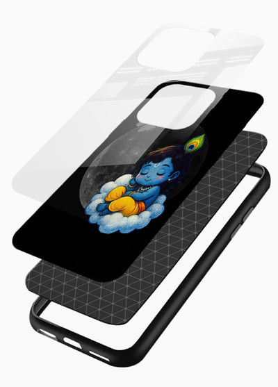 Baby Krishna sleeping on moon art glossy vibrant premium glass dreamy devotional case - Angle Layers