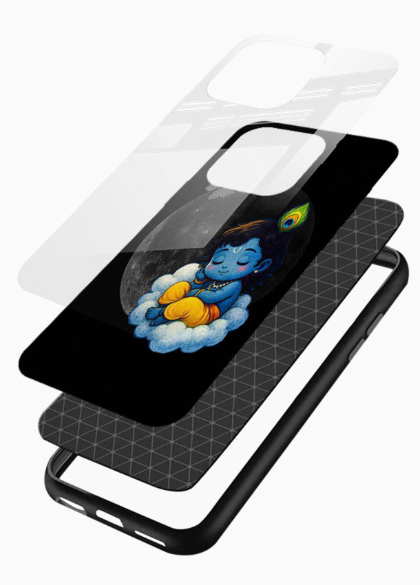 Baby Krishna sleeping on moon art glossy vibrant premium glass dreamy devotional case - Angle Layers