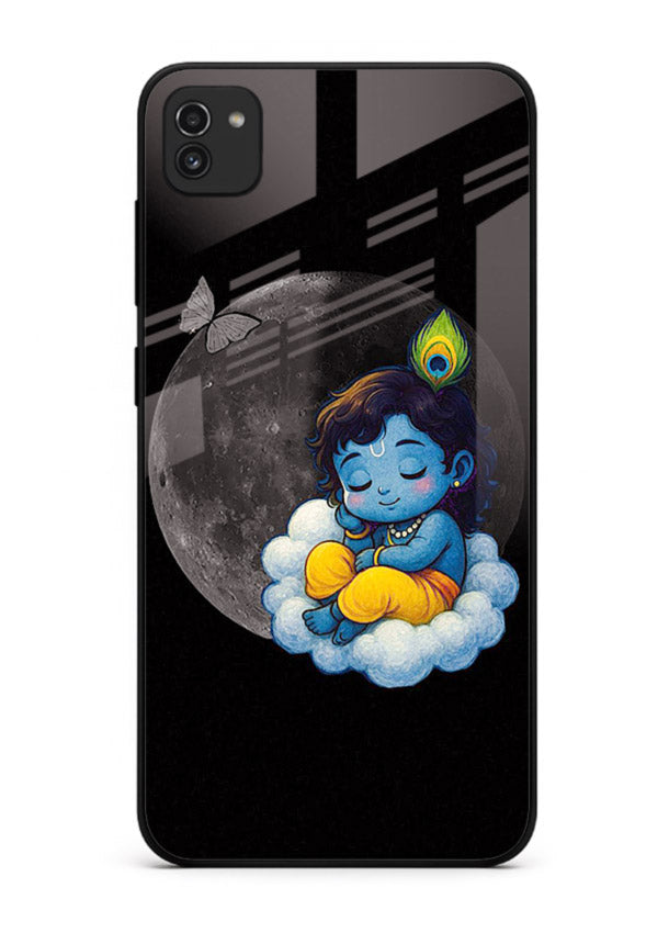 Baby Krishna sleeping on moon art Samsung A03 glass dreamy devotional case