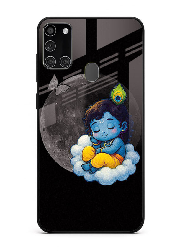 Baby Krishna sleeping on moon art Samsung A21s glass dreamy devotional case