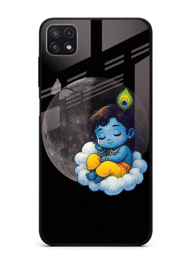Baby Krishna sleeping on moon art Samsung F42 5G glass dreamy devotional case