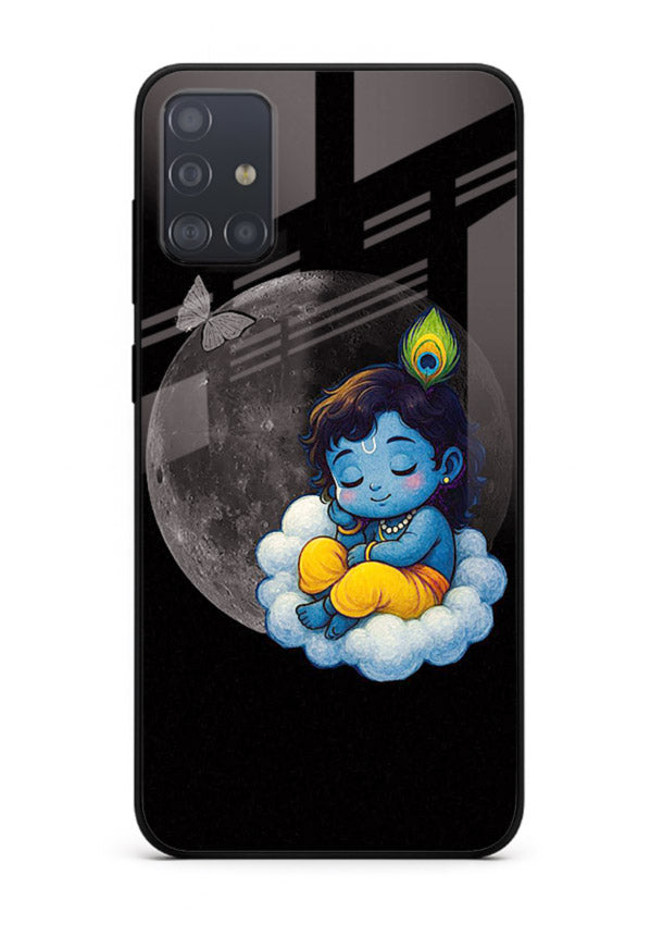 Baby Krishna sleeping on moon art Samsung A71 glass dreamy devotional case