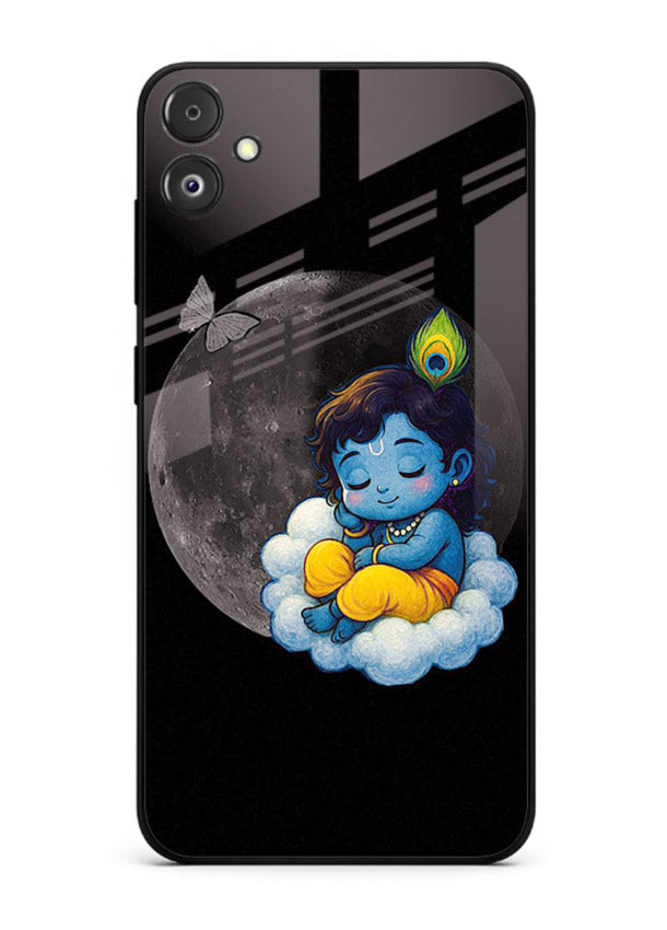 Baby Krishna sleeping on moon art Samsung F04 5G glass dreamy devotional case