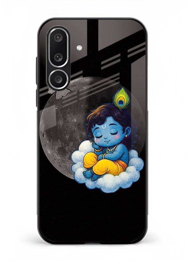 Baby Krishna sleeping on moon art Samsung M36 5G glass dreamy devotional case