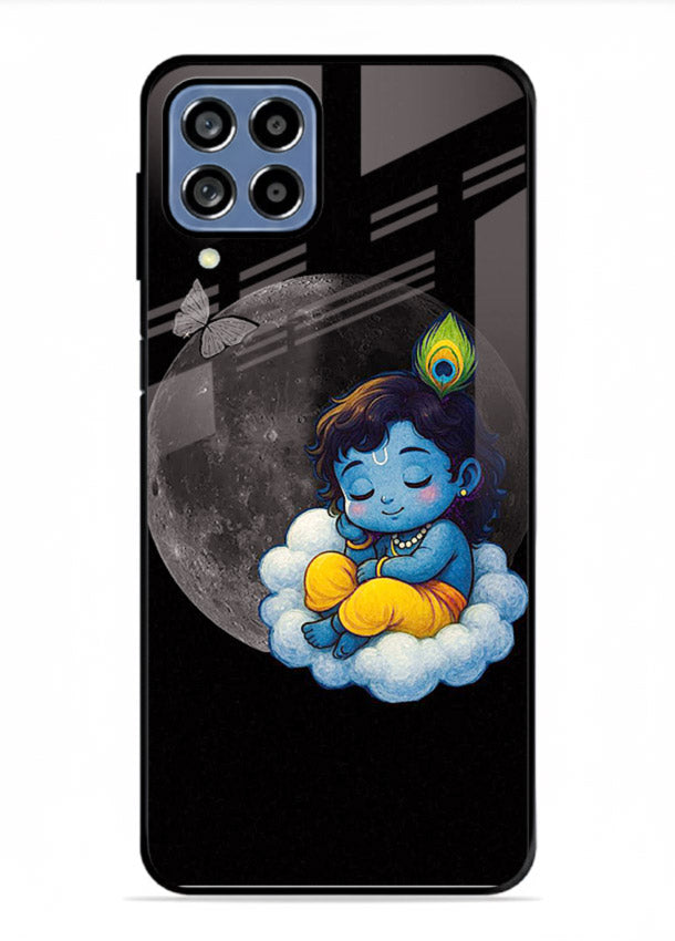 Baby Krishna sleeping on moon art Samsung F62 glass dreamy devotional case