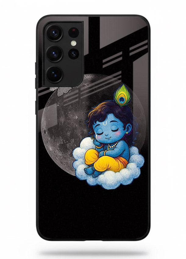Baby Krishna sleeping on moon art Samsung S21 Ultra glass dreamy devotional case