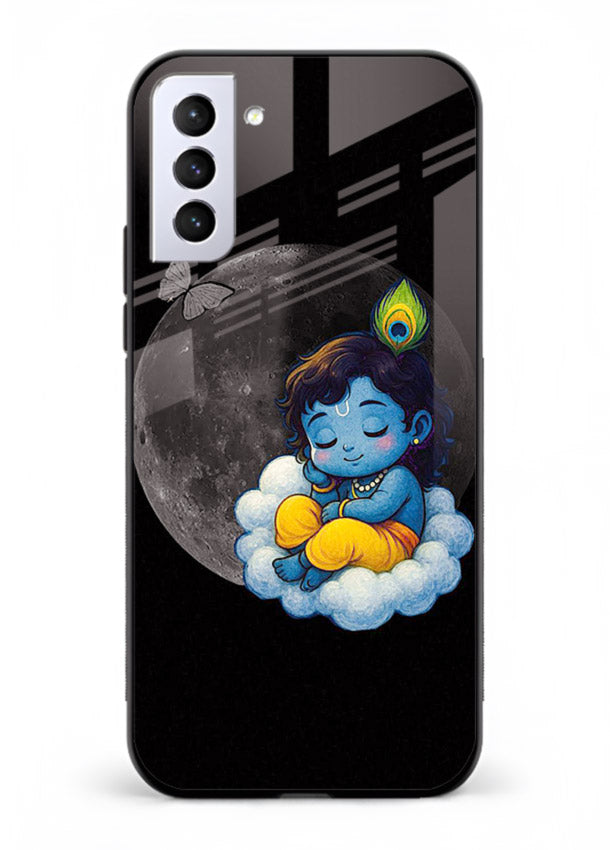 Baby Krishna sleeping on moon art Samsung S21 Plus glass dreamy devotional case