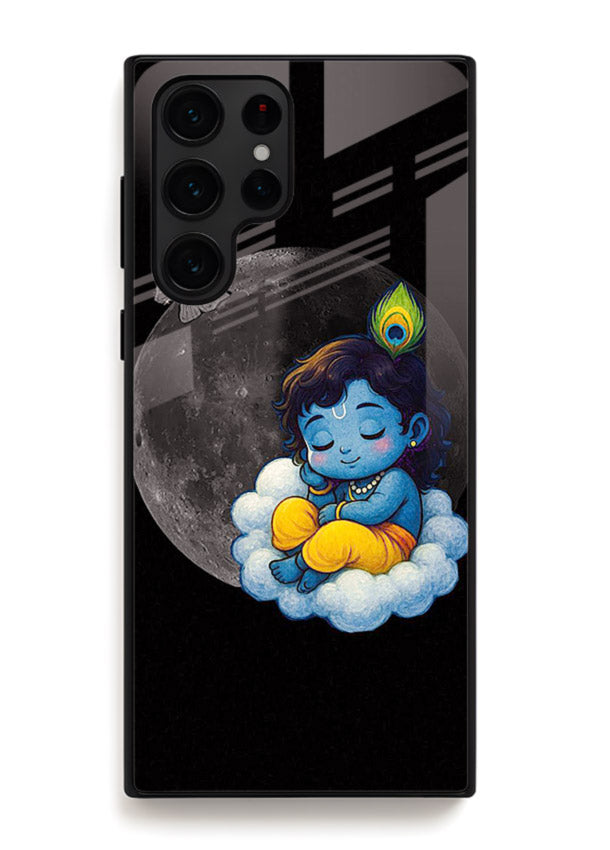 Baby Krishna sleeping on moon art Samsung S24 Ultra glass dreamy devotional case