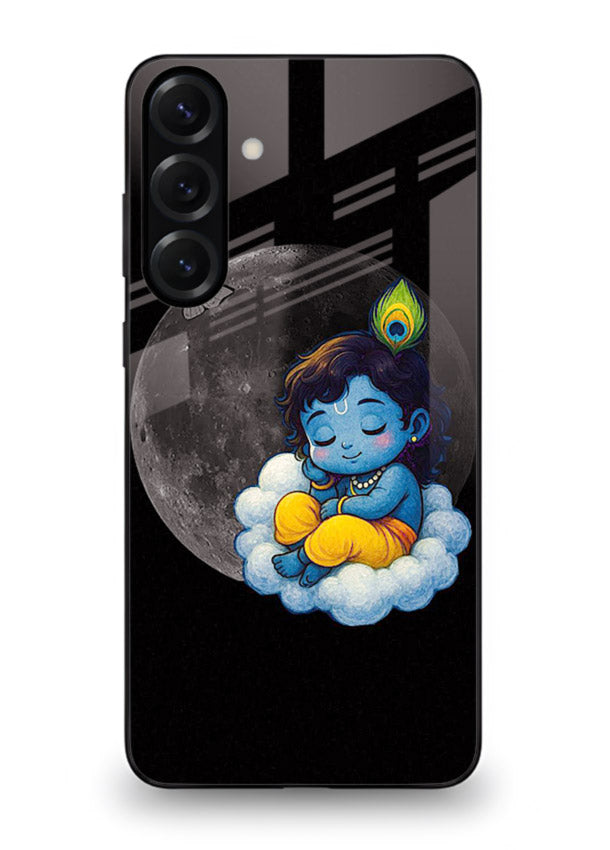 Baby Krishna sleeping on moon art Samsung A55 5G glass dreamy devotional case