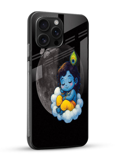 Baby Krishna sleeping on moon art glossy vibrant premium glass dreamy devotional case - Angle Side