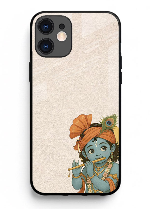 Krishna holding flute minimal beige iphone 12 mini glass back devotional cover