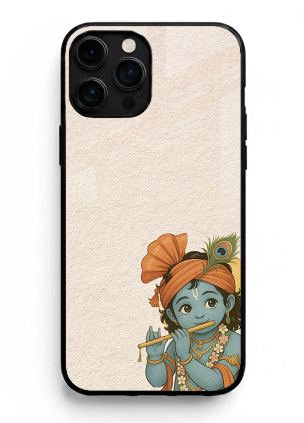 Krishna holding flute minimal beige iphone 16 pro max glass back devotional cover