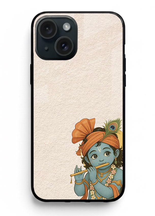 Krishna holding flute minimal beige iphone 15 glass back devotional cover