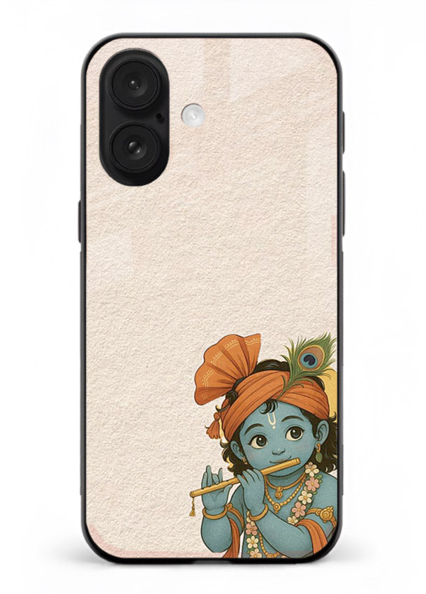 Krishna holding flute minimal beige iphone 17 glass back devotional cover