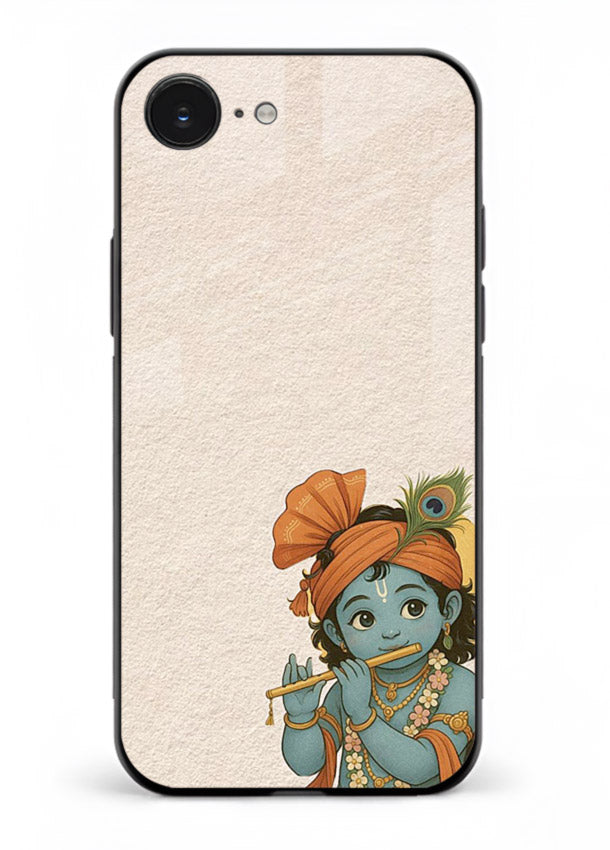 Krishna holding flute minimal beige iphone 16e glass back devotional cover