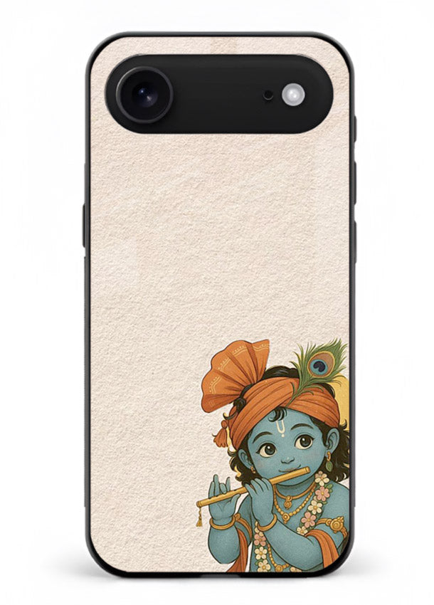 Krishna holding flute minimal beige iphone 17 air glass back devotional cover