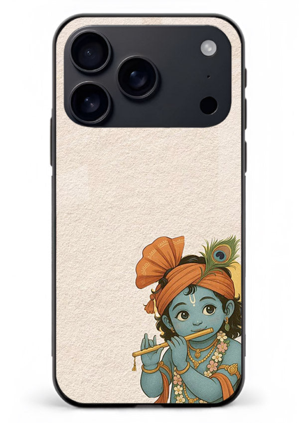 Krishna holding flute minimal beige iphone 17 pro max glass back devotional cover