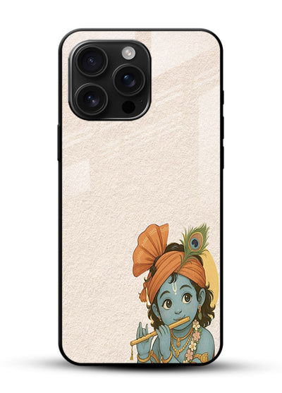 Krishna holding flute minimal beige glossy vibrant premium glass back devotional cover - Angle Front