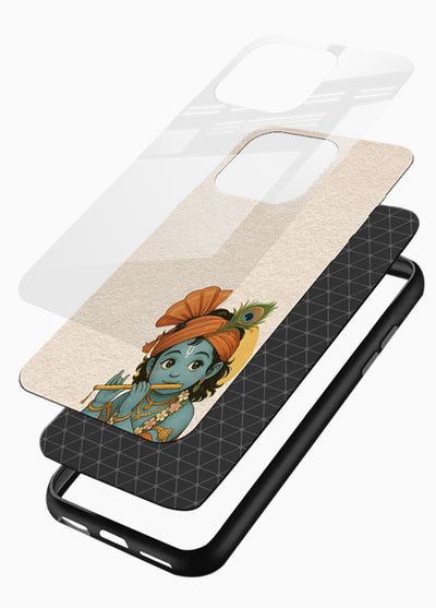 Krishna holding flute minimal beige glossy vibrant premium glass back devotional cover - Angle Layers